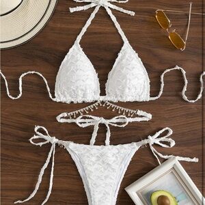 Women's Lettuce Trim Rhinestone Halter Triangle Bikini Set 2 Piece Swimsuit